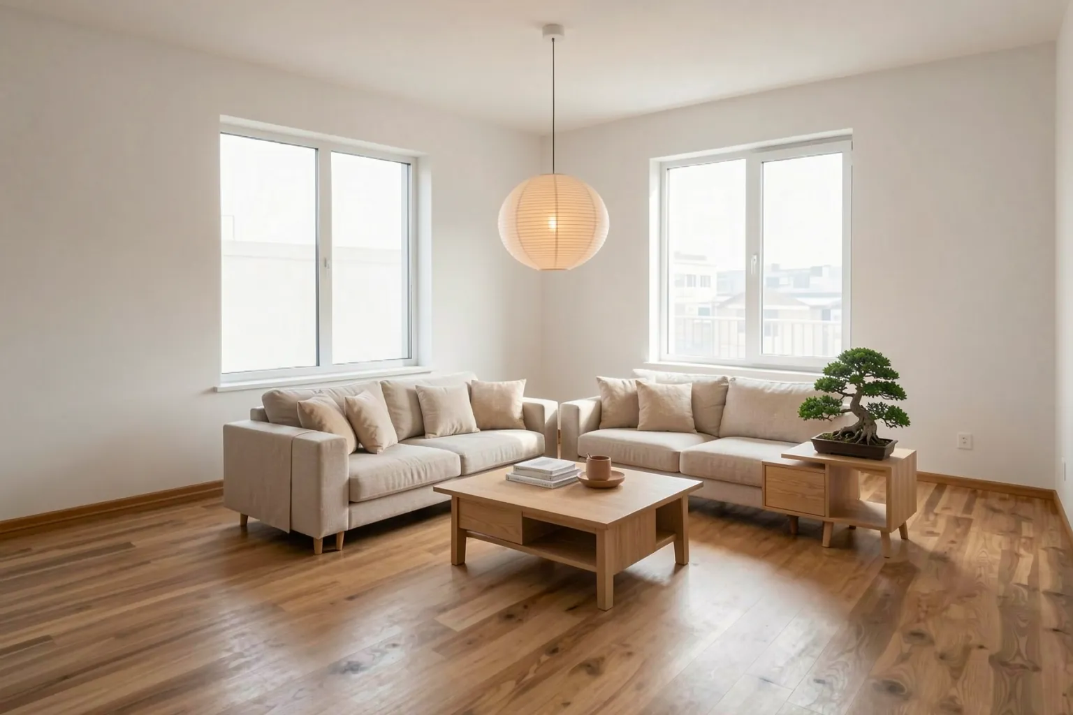 The empty living room staged in Japandi style with low wooden furniture and beige tones