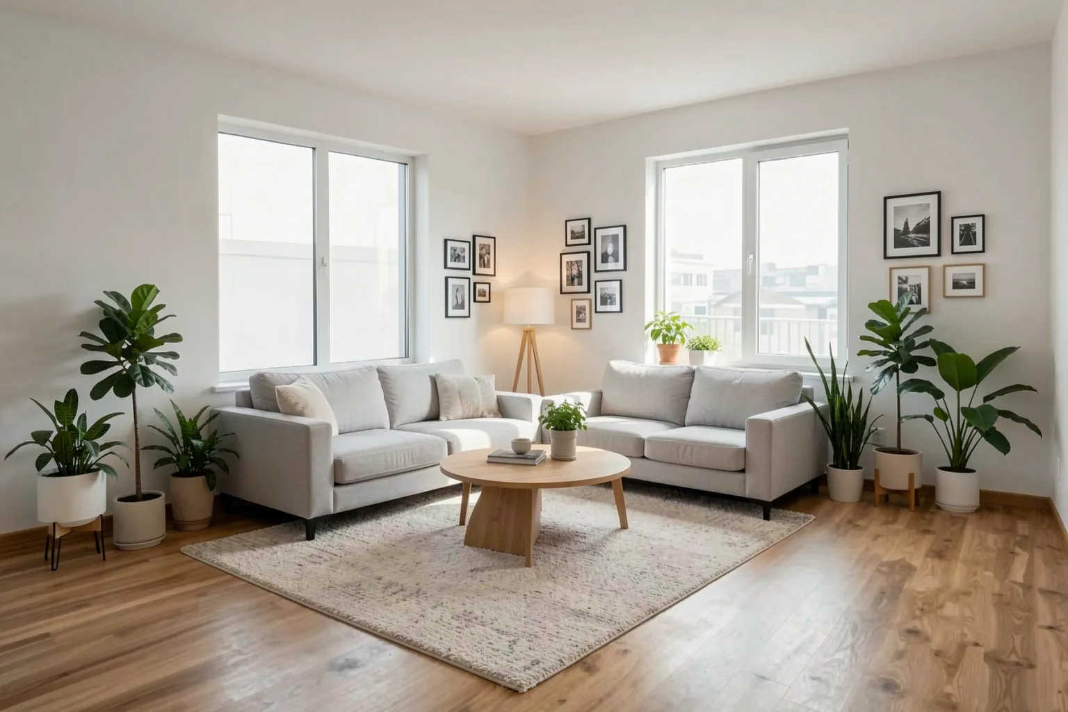 The same living room virtually staged with AI: modern sofa, rug, coffee table, plants and wall art