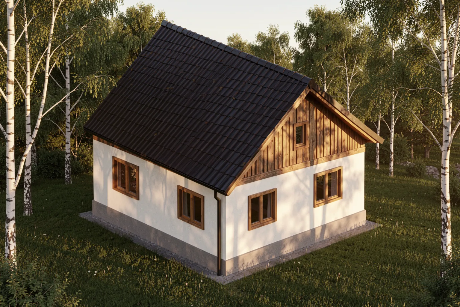 Photorealistic AI render generated from the 3D model viewport export, same camera angle and massing