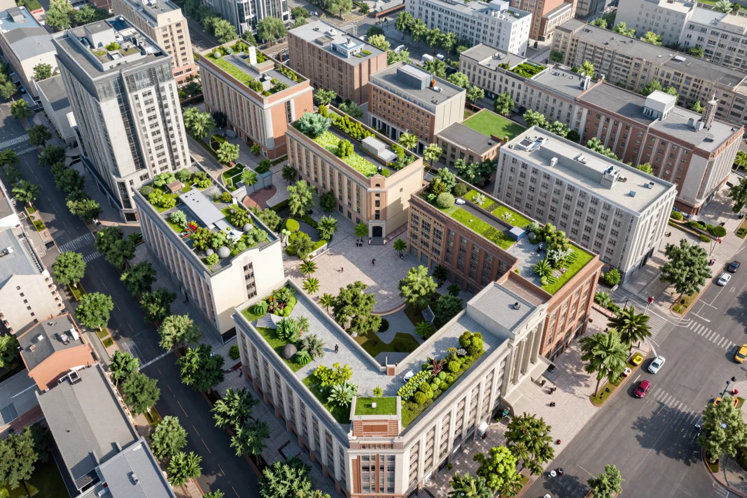 AI aerial render of a mixed-use urban block with green courtyards generated from a text prompt