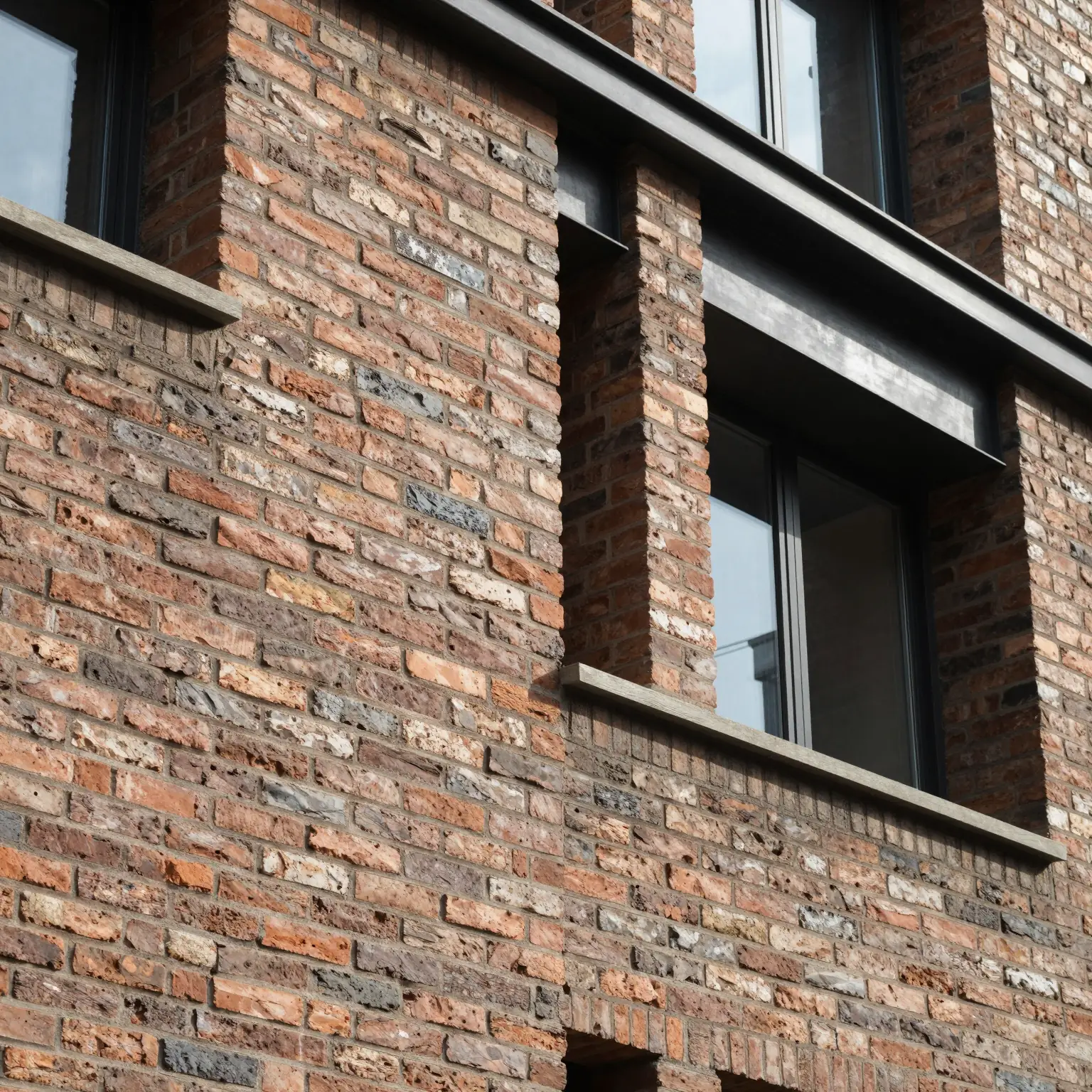 AI render of a close-up brick facade detail with deep window reveals and steel lintels