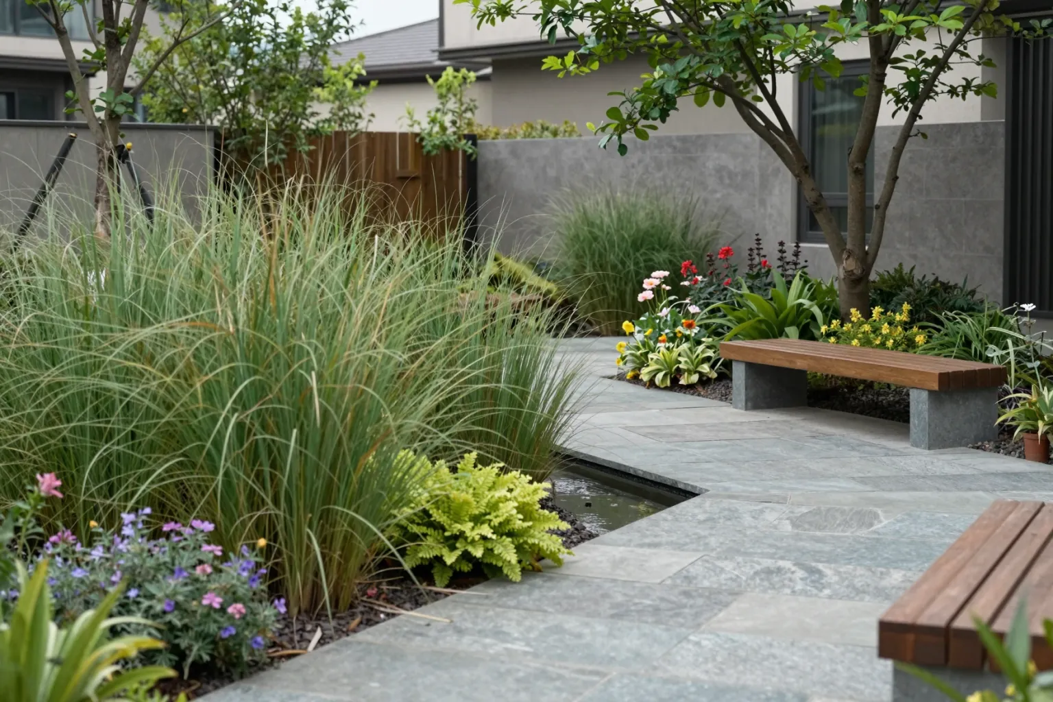 AI render of a landscaped residential courtyard with native planting and stone paving