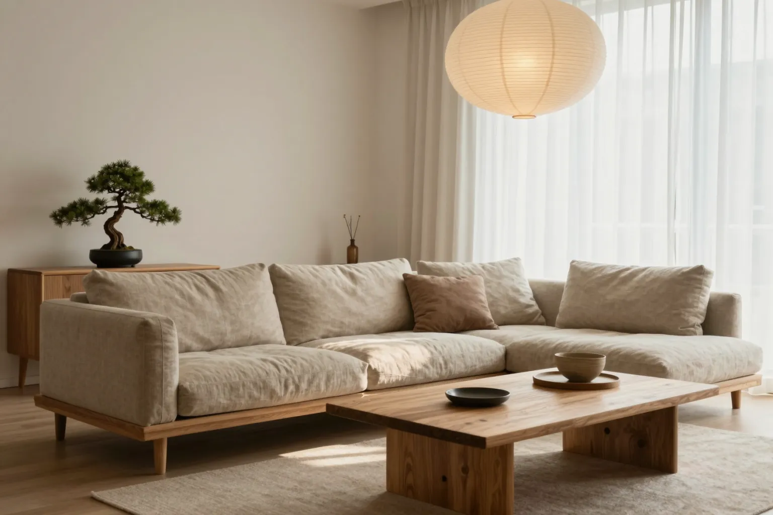 AI render of a Japandi living room with low oak furniture and paper pendant light generated from a text prompt