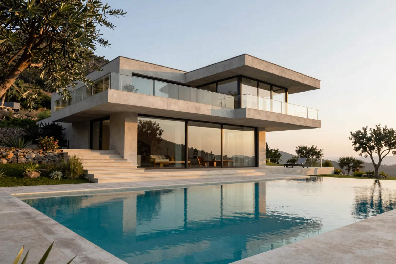 AI render of a modern hillside villa with cantilevered terraces generated from a text prompt