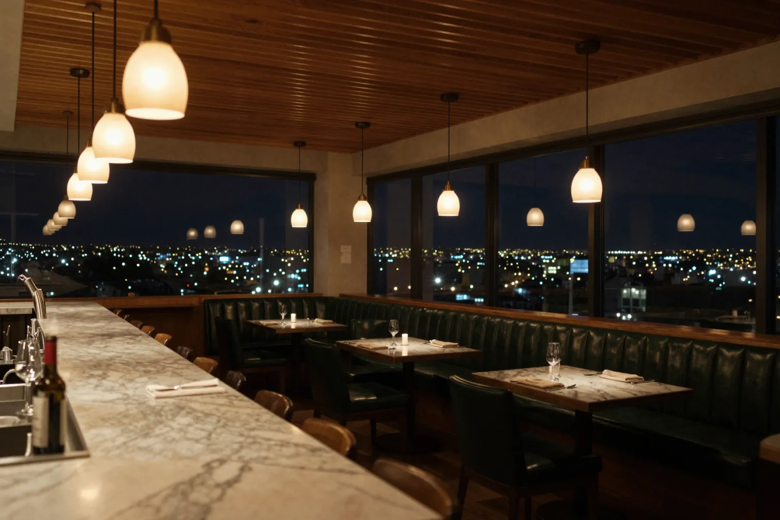 AI render of a warmly lit restaurant interior at night with timber ceiling and bar counter