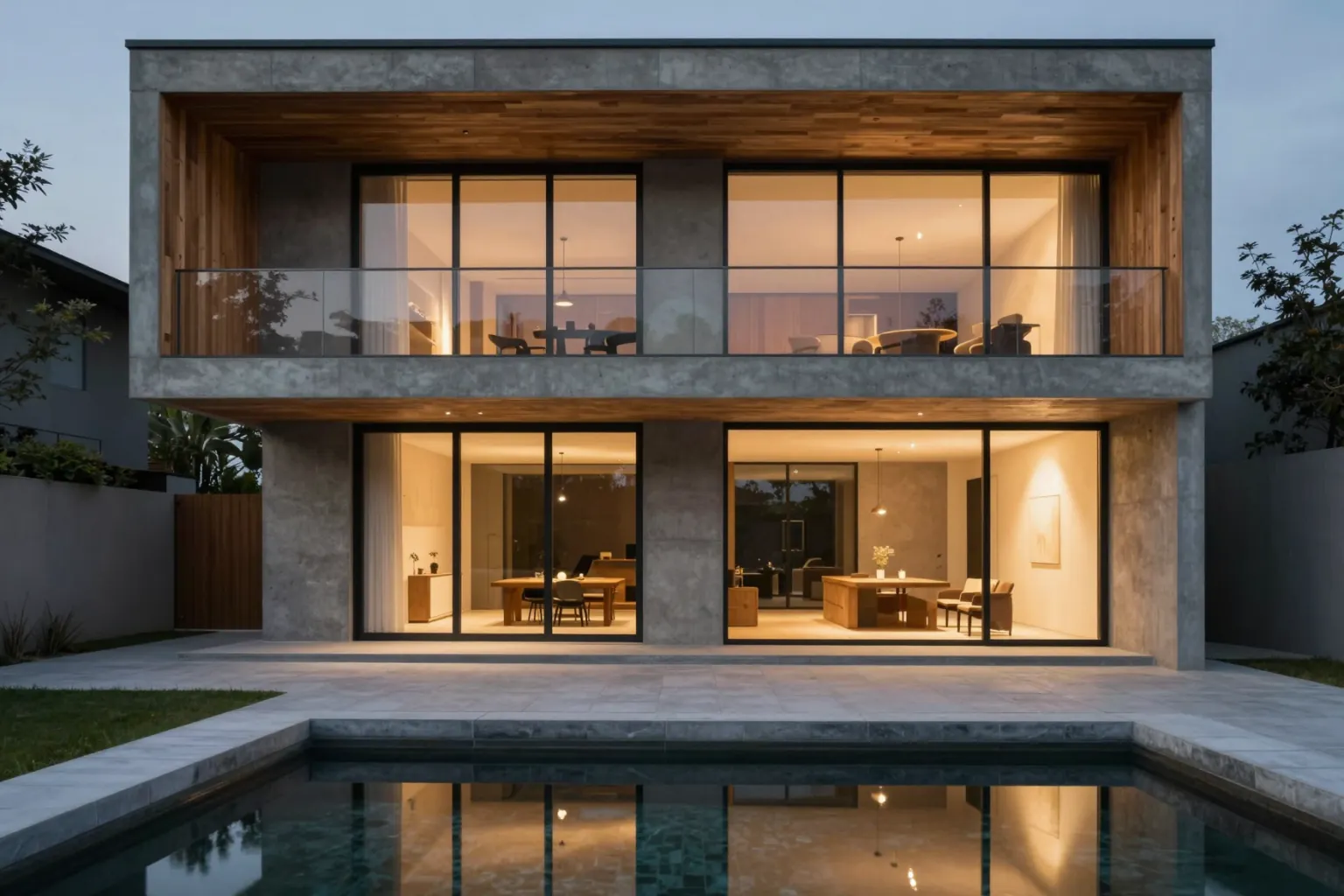 Photorealistic AI architectural render of a contemporary house at dusk created in minutes with QUVIAI