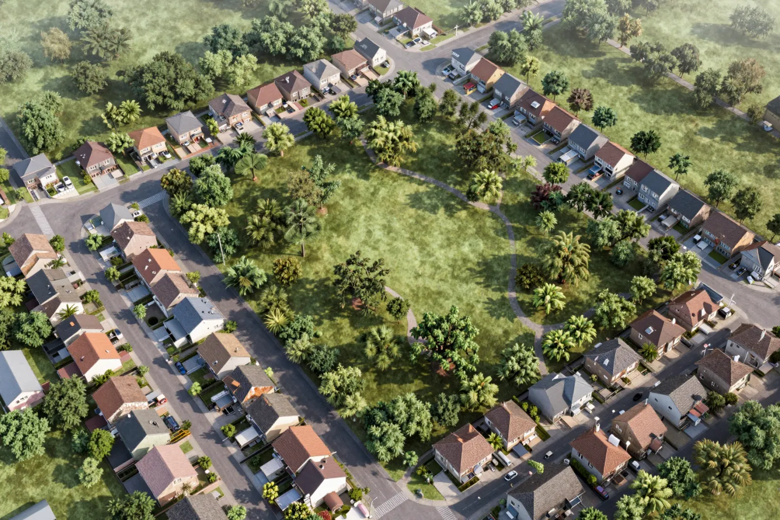 Aerial rendering style: bird’s-eye view of a small residential neighbourhood