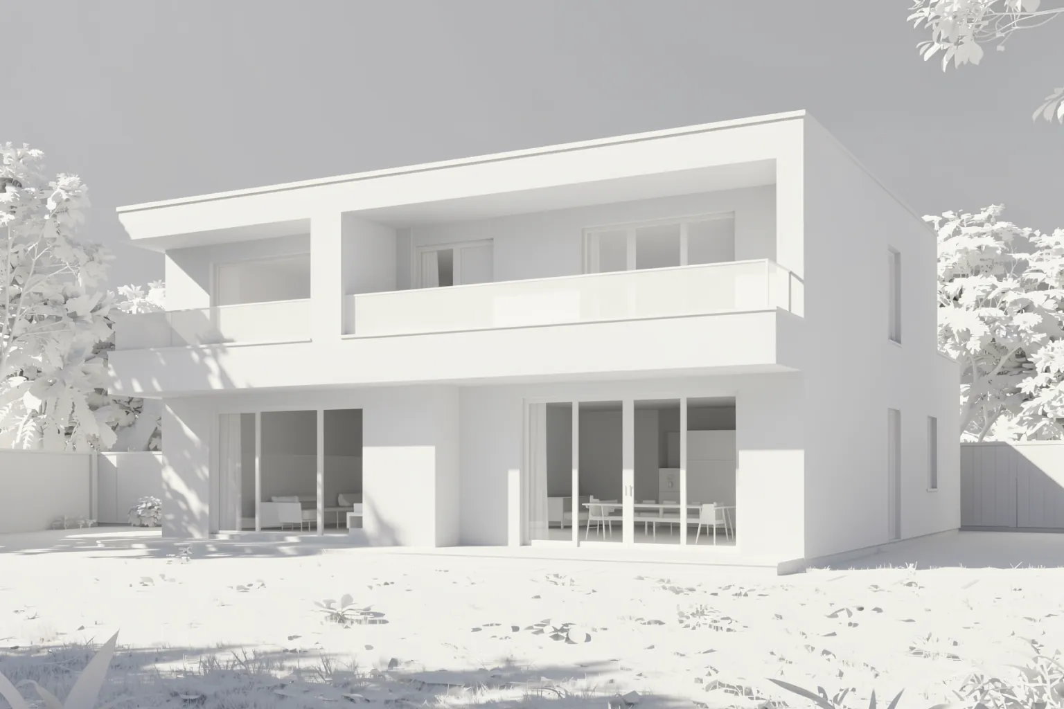 Clay or white-model rendering style: the same house in matte white with soft shadows