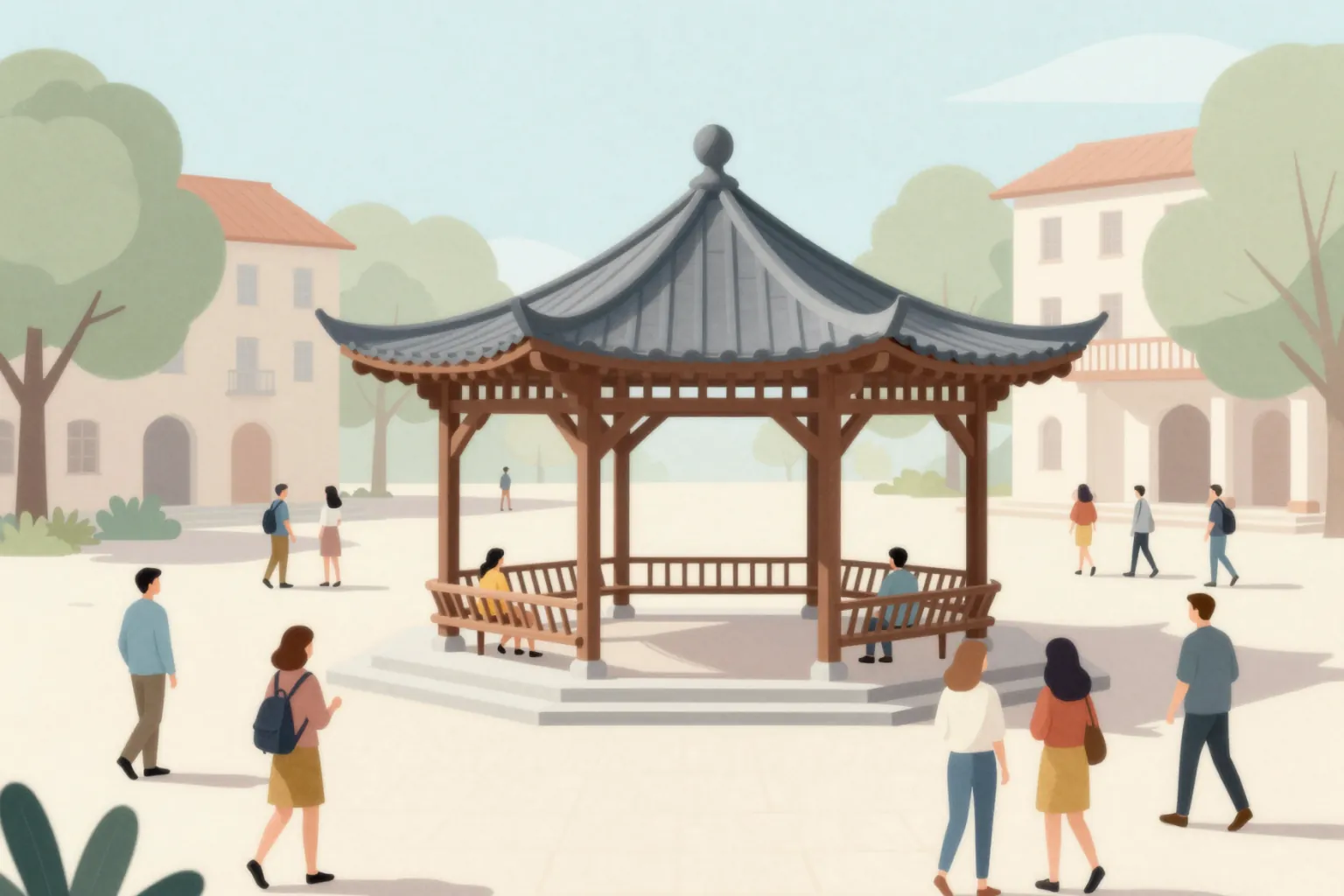 Collage rendering style: architectural collage with flat colours and cut-out figures