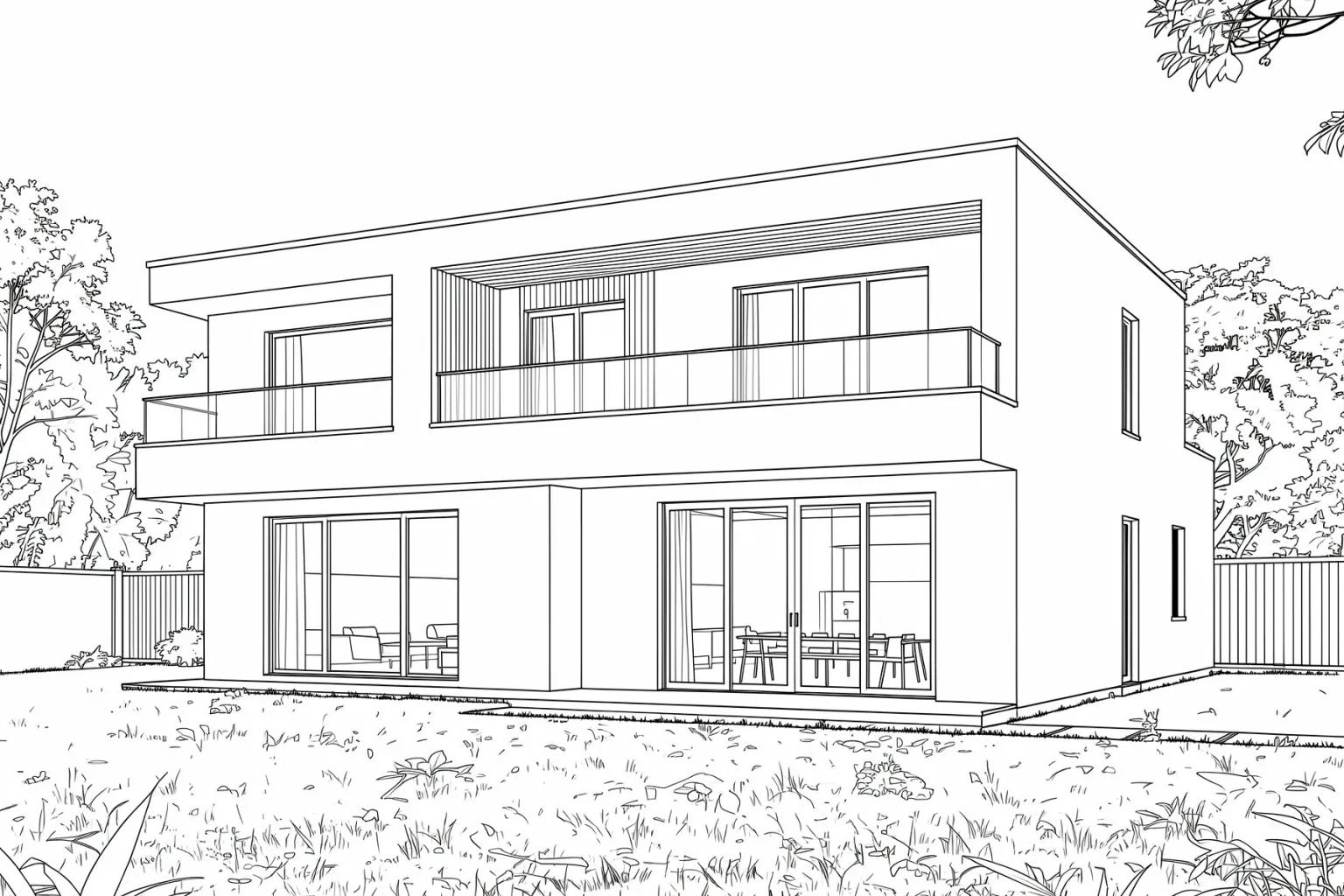 Line drawing style: the same house as a clean black-and-white architectural line drawing