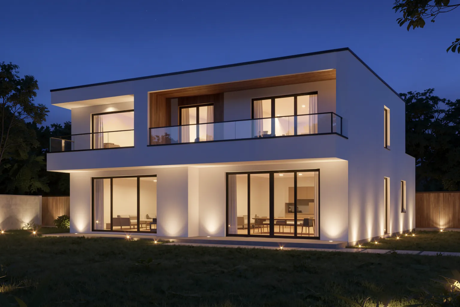 Night rendering style: the same house at dusk with warm interior lights