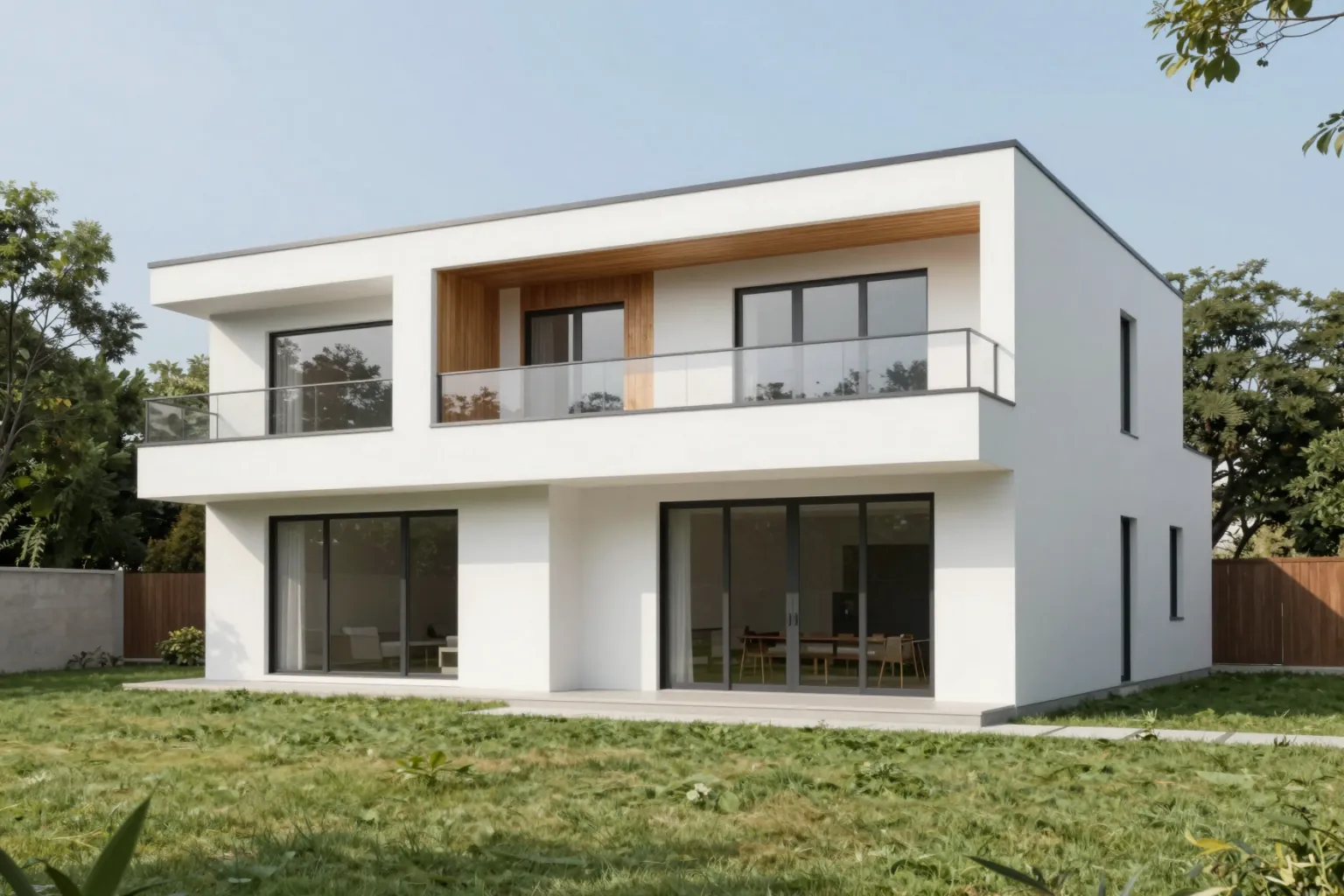 Photorealistic rendering style: a modern house rendered like an architectural photograph