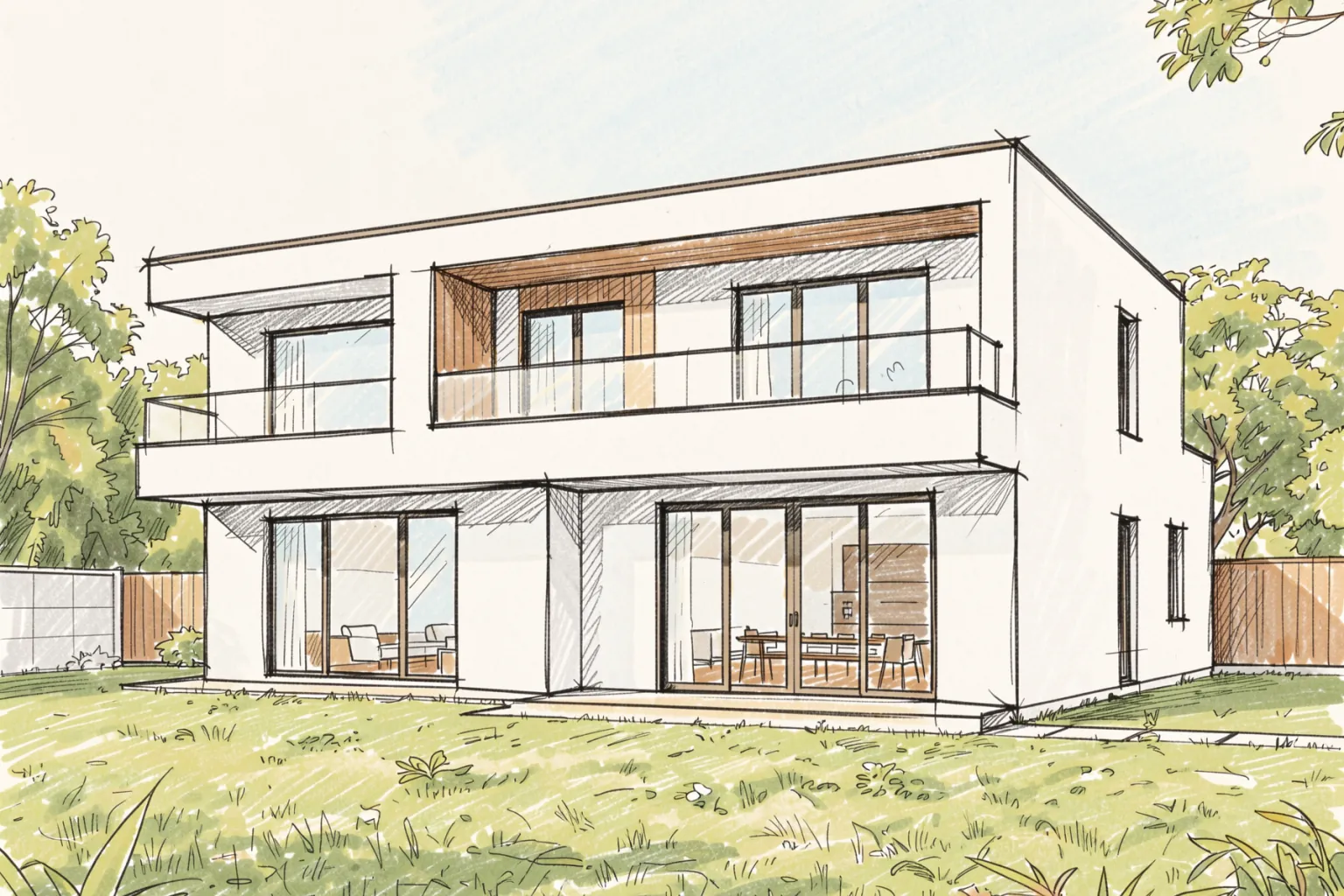 Sketch rendering style: the same house as a loose hand-drawn marker sketch