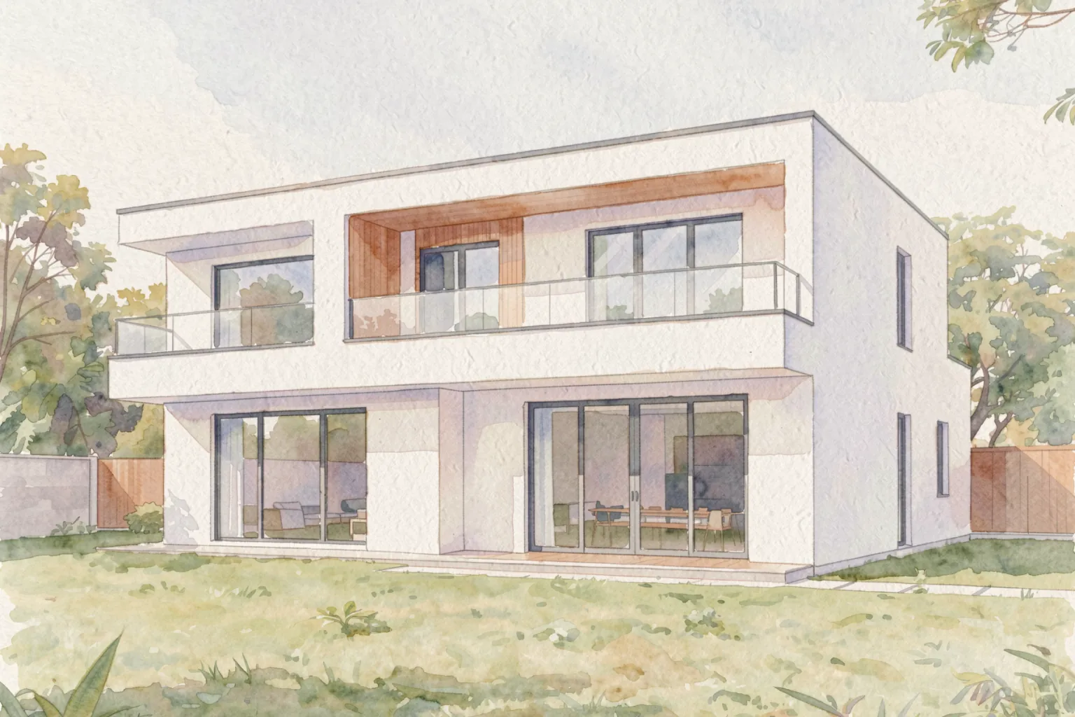 Watercolor rendering style: the same house as a loose watercolor illustration
