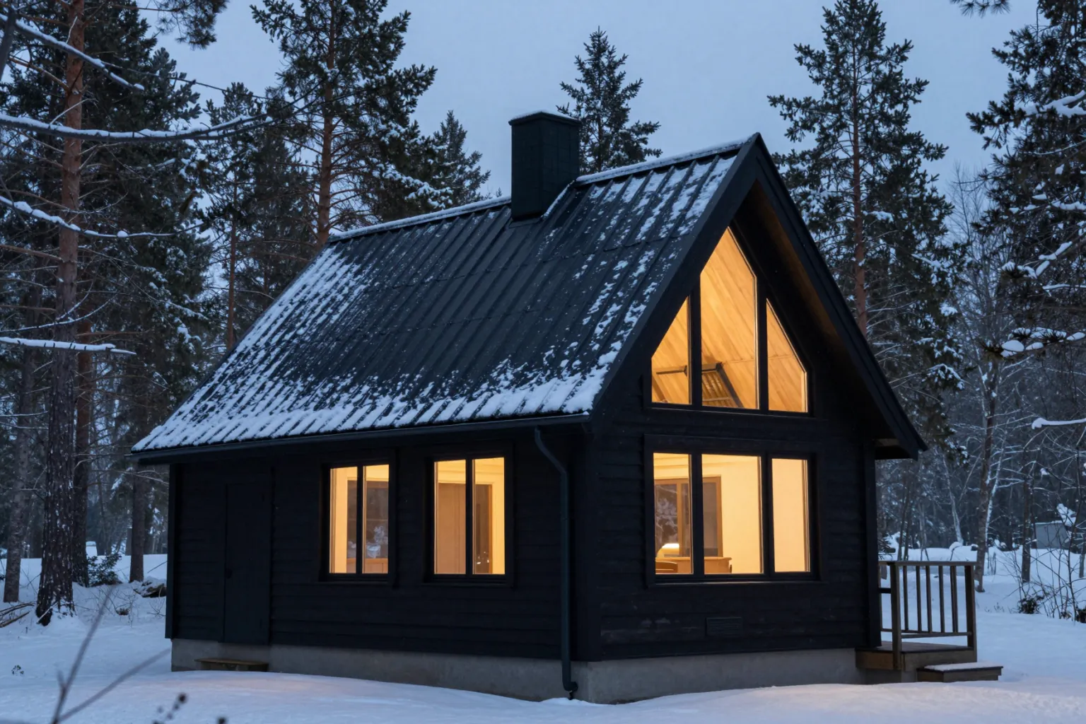 AI exterior render of a Scandinavian timber house in a snowy forest