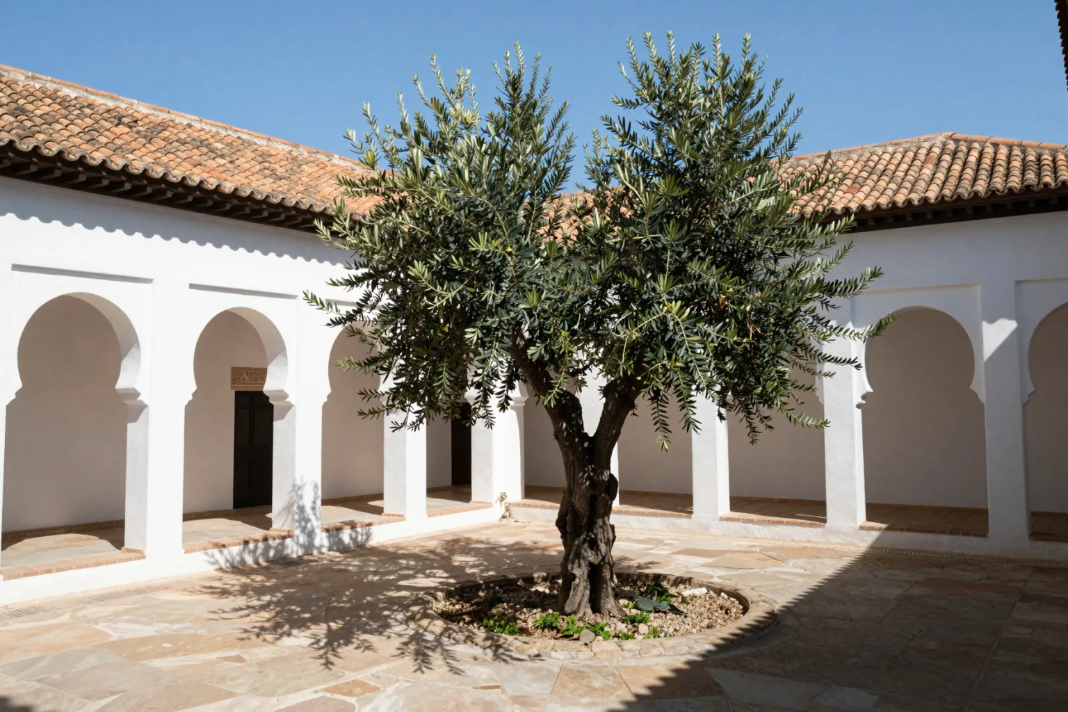 AI exterior render of a Mediterranean courtyard house with white walls and terracotta roof
