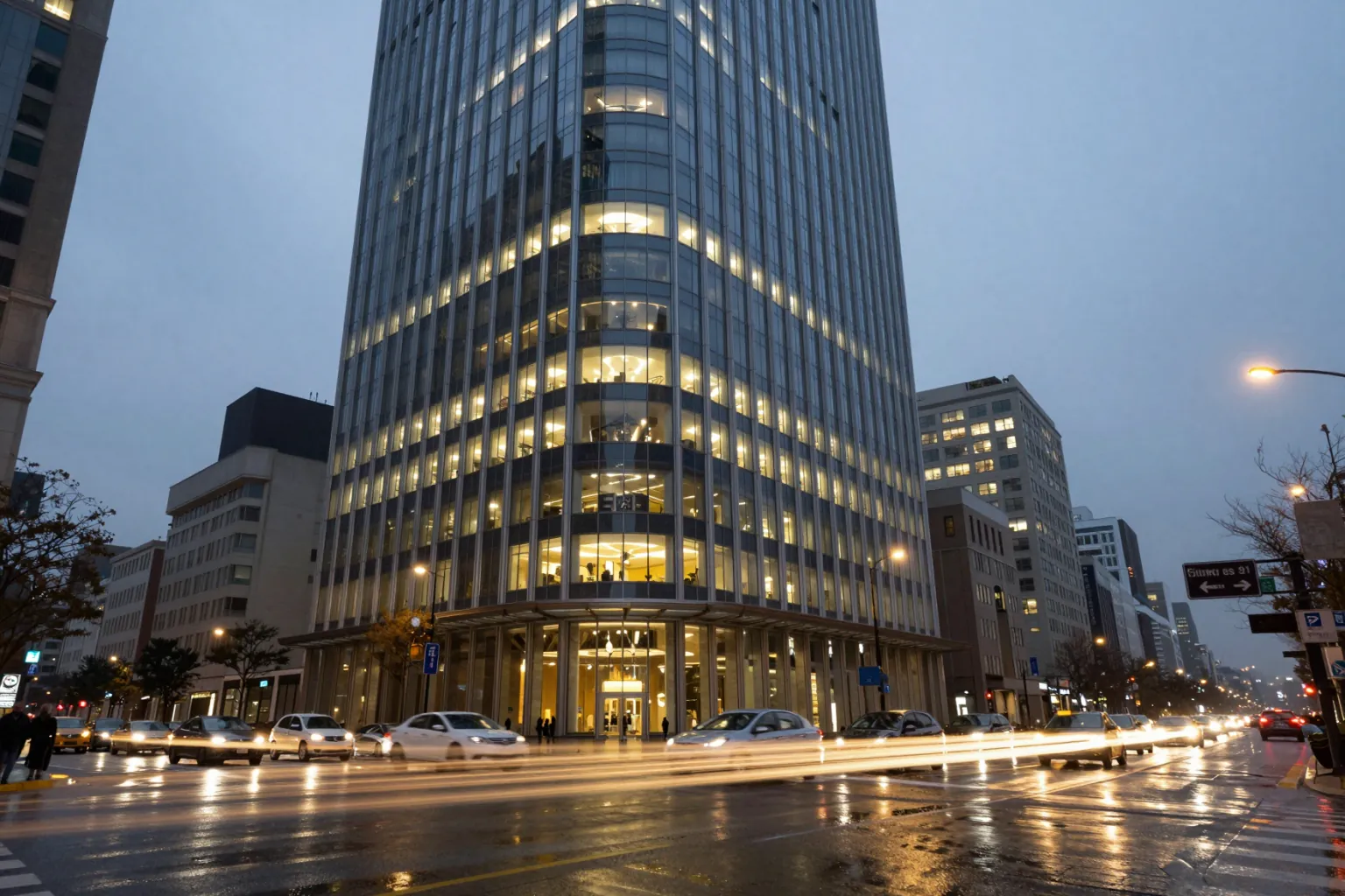 AI exterior render of a glass office tower at dusk in a city street