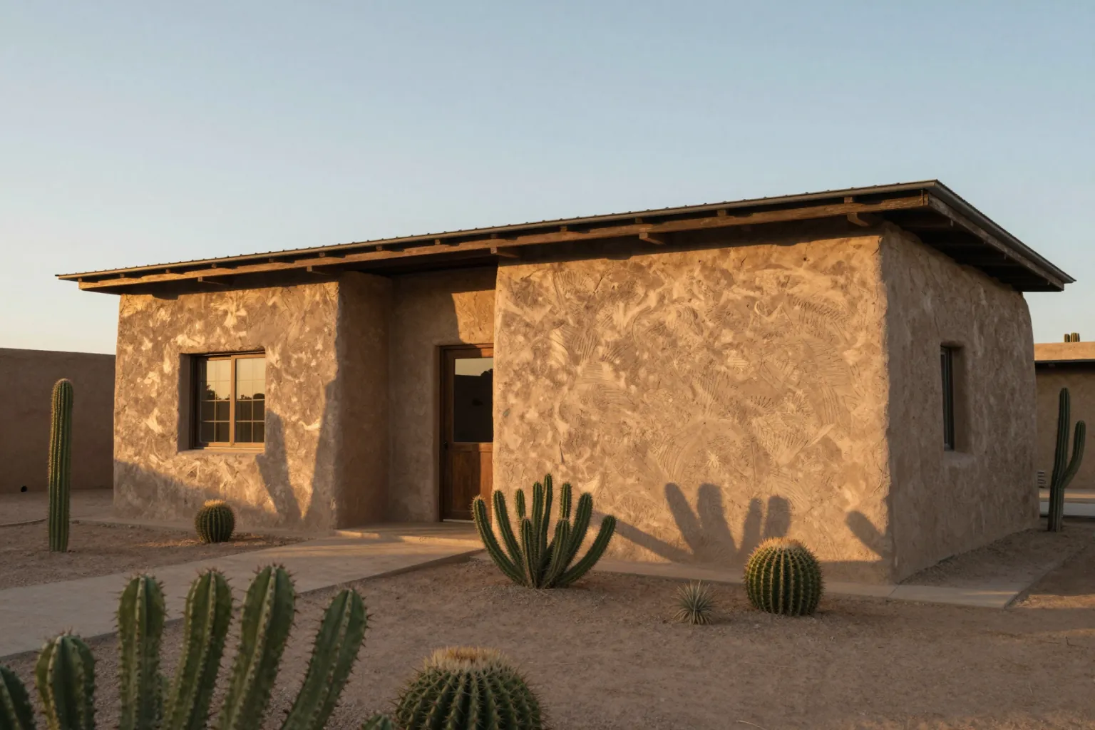 AI exterior render of a desert house with rammed earth walls at sunset