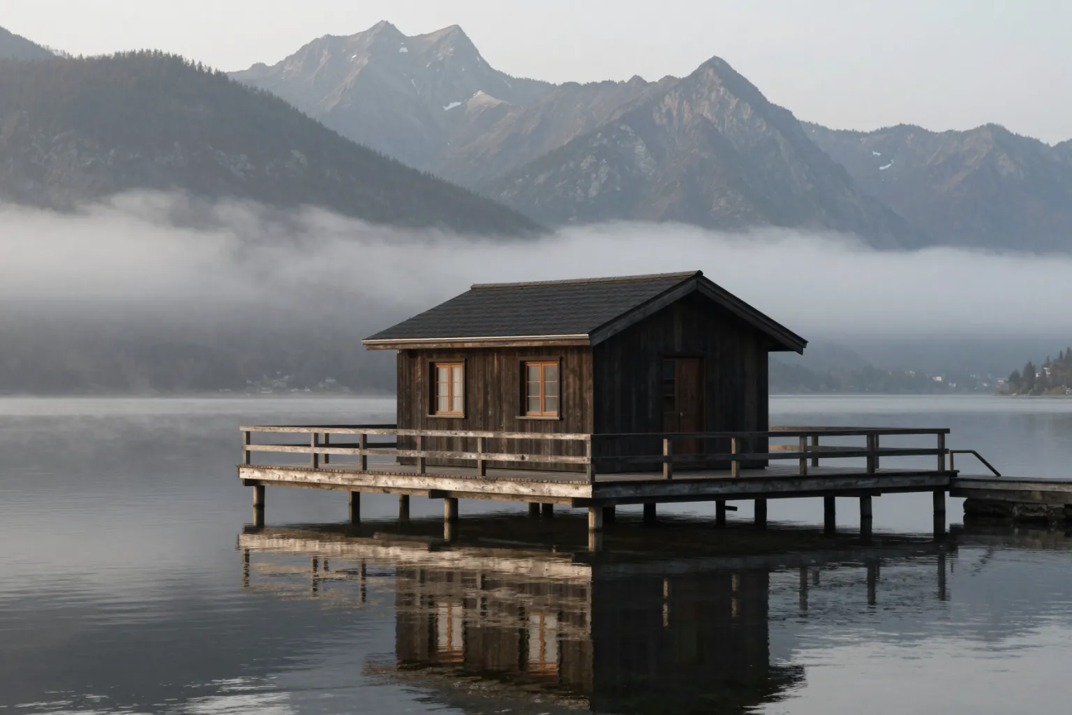 AI exterior render of a lakeside cabin with a large deck and mountain backdrop