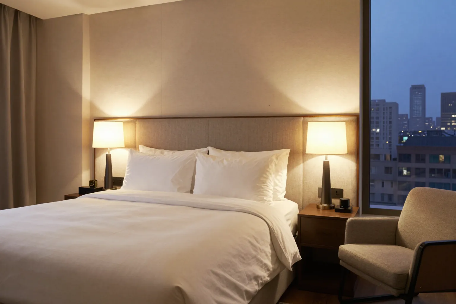 AI interior render of a hotel bedroom with warm lighting and upholstered headboard
