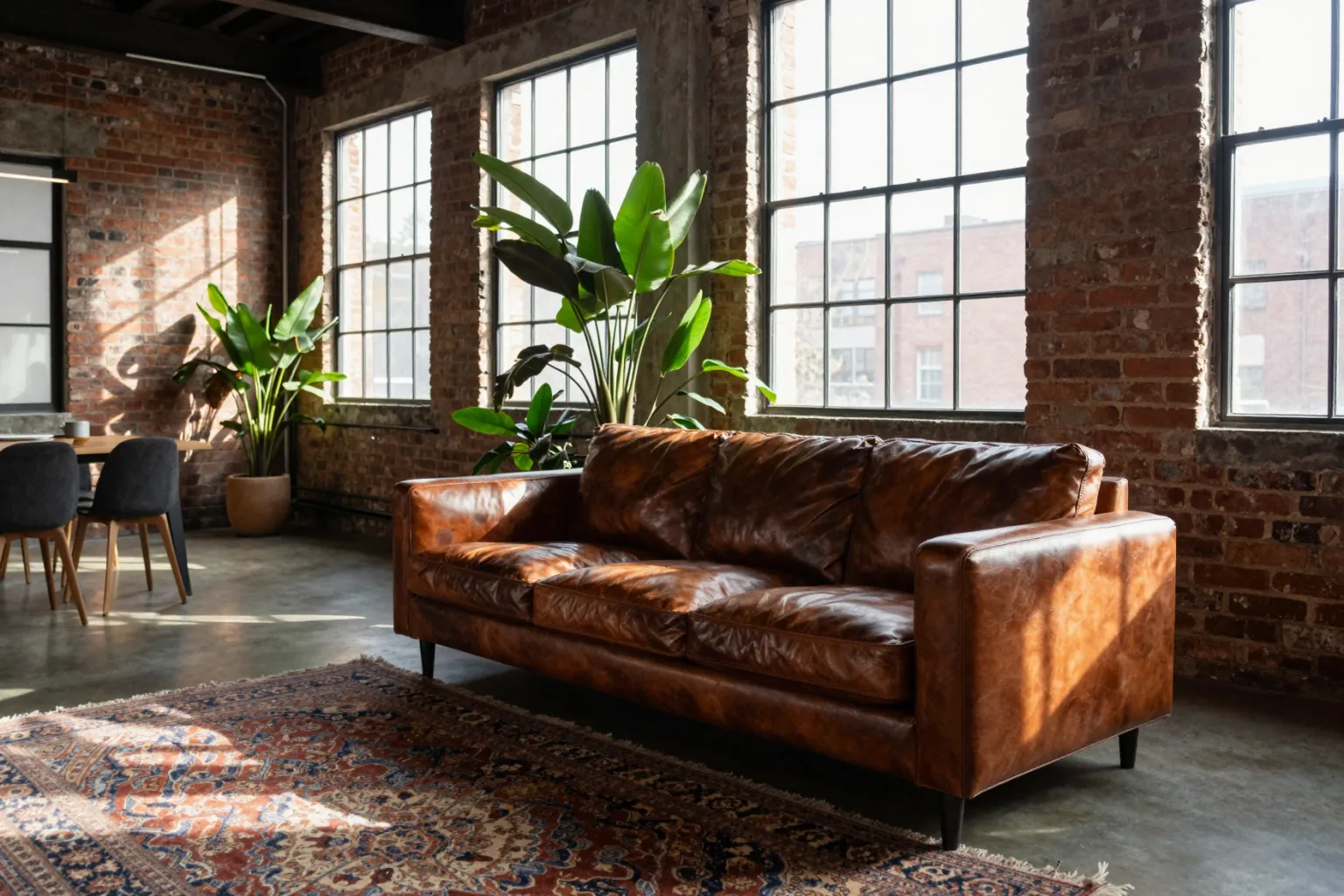 AI interior render of an industrial loft living room with exposed brick