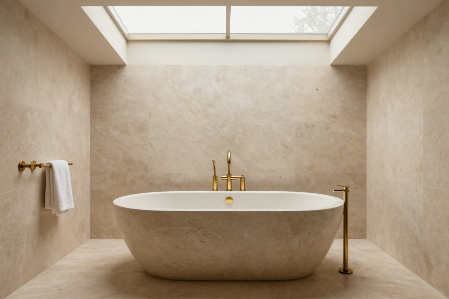 AI interior render of a spa bathroom with travertine walls and a freestanding tub