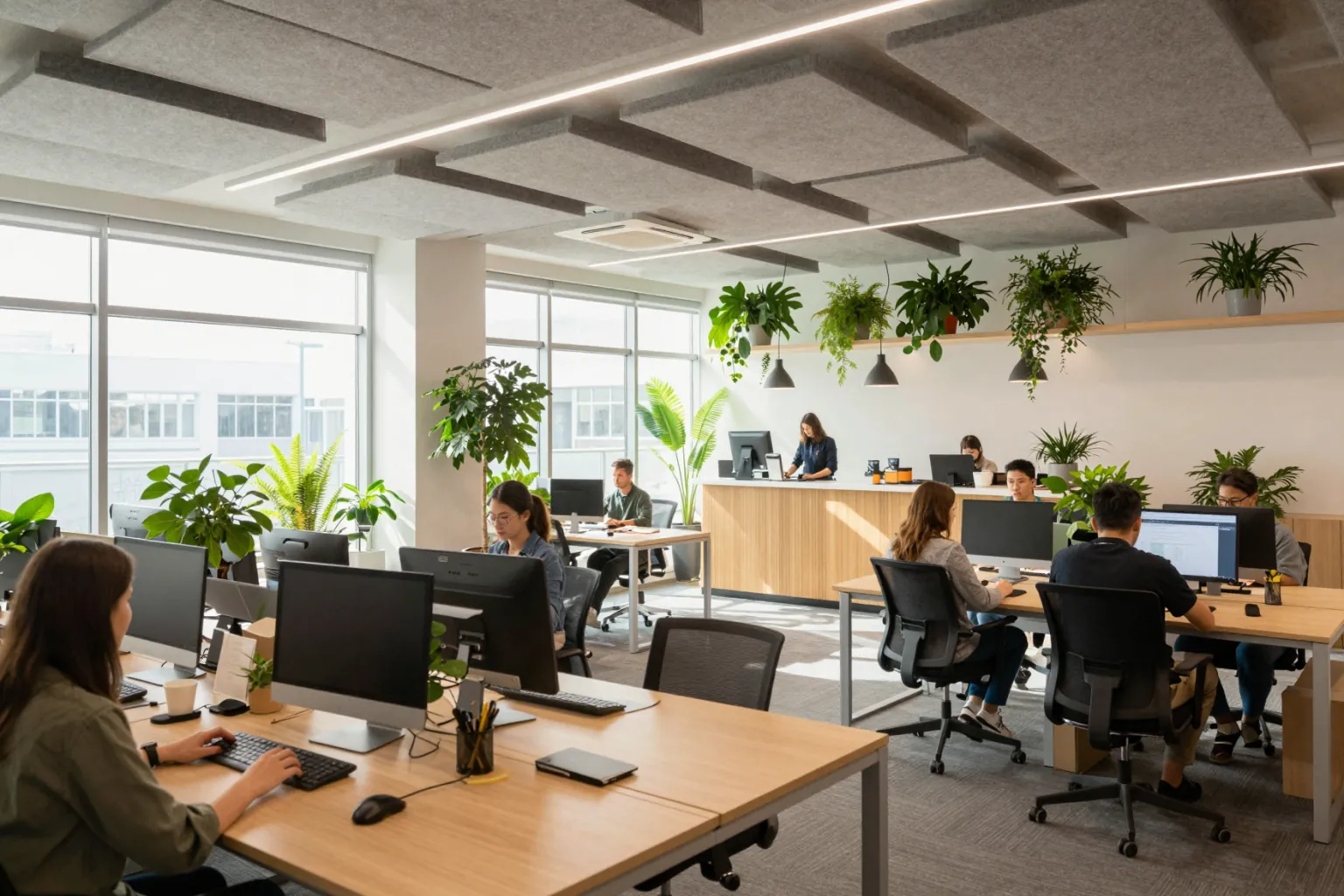 AI interior render of a co-working office with acoustic panels and plants