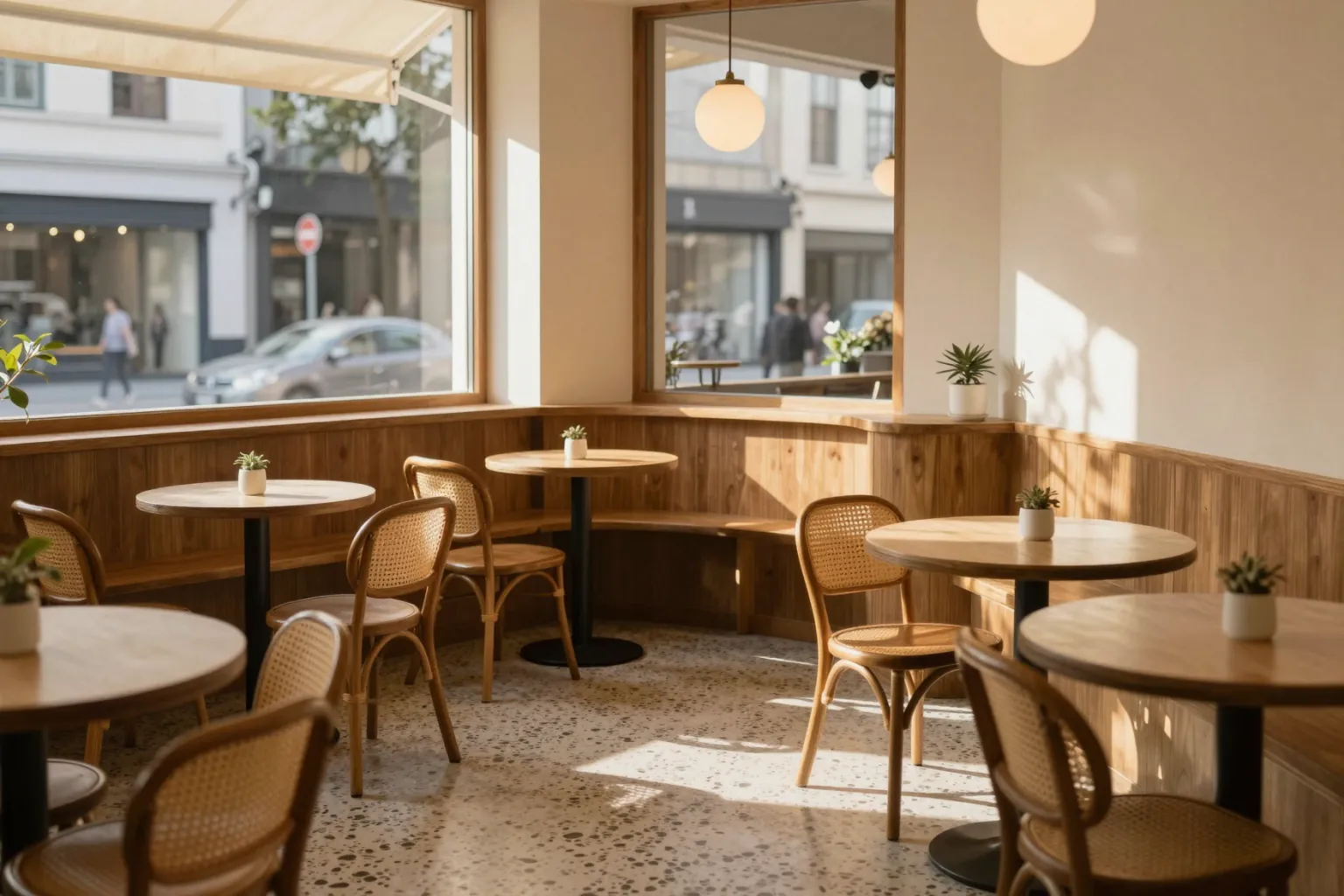AI interior render of a cafe interior with terrazzo floor and pendant lights