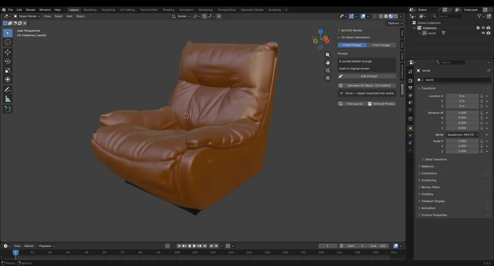 AI-generated 3D leather armchair imported into a Blender scene with the QUVIAI Render add-on