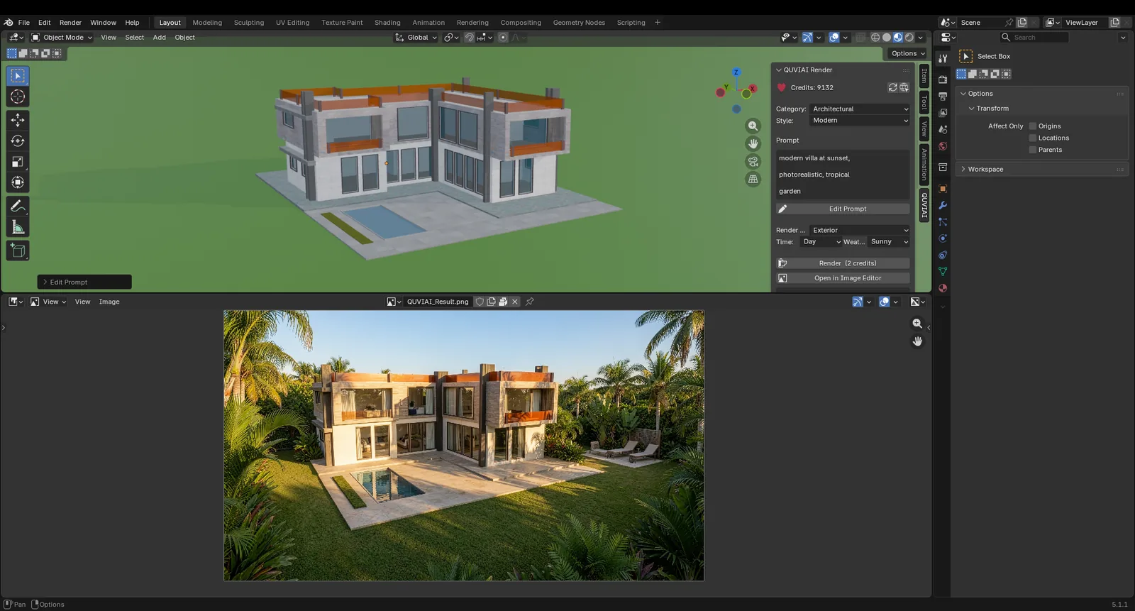 QUVIAI Render add-on panel in the Blender 3D Viewport sidebar next to a villa model, with the AI render shown in the Image Editor below