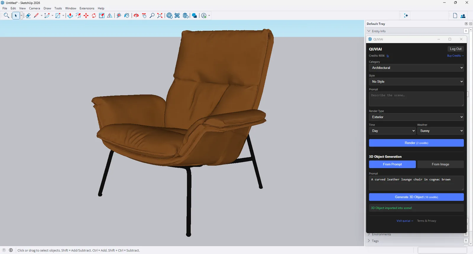 AI-generated 3D lounge chair imported into a SketchUp model with the QUVIAI Render extension, generated from a text prompt