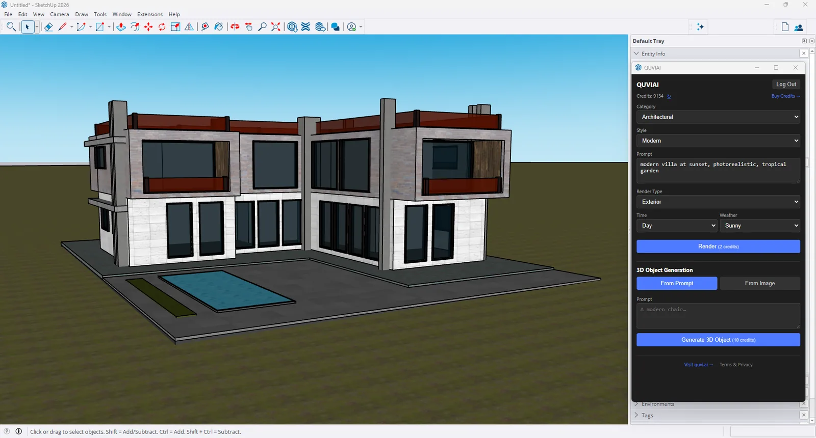 QUVIAI Render extension panel open in SketchUp next to a modern villa model, with style, prompt, render type, time and weather settings