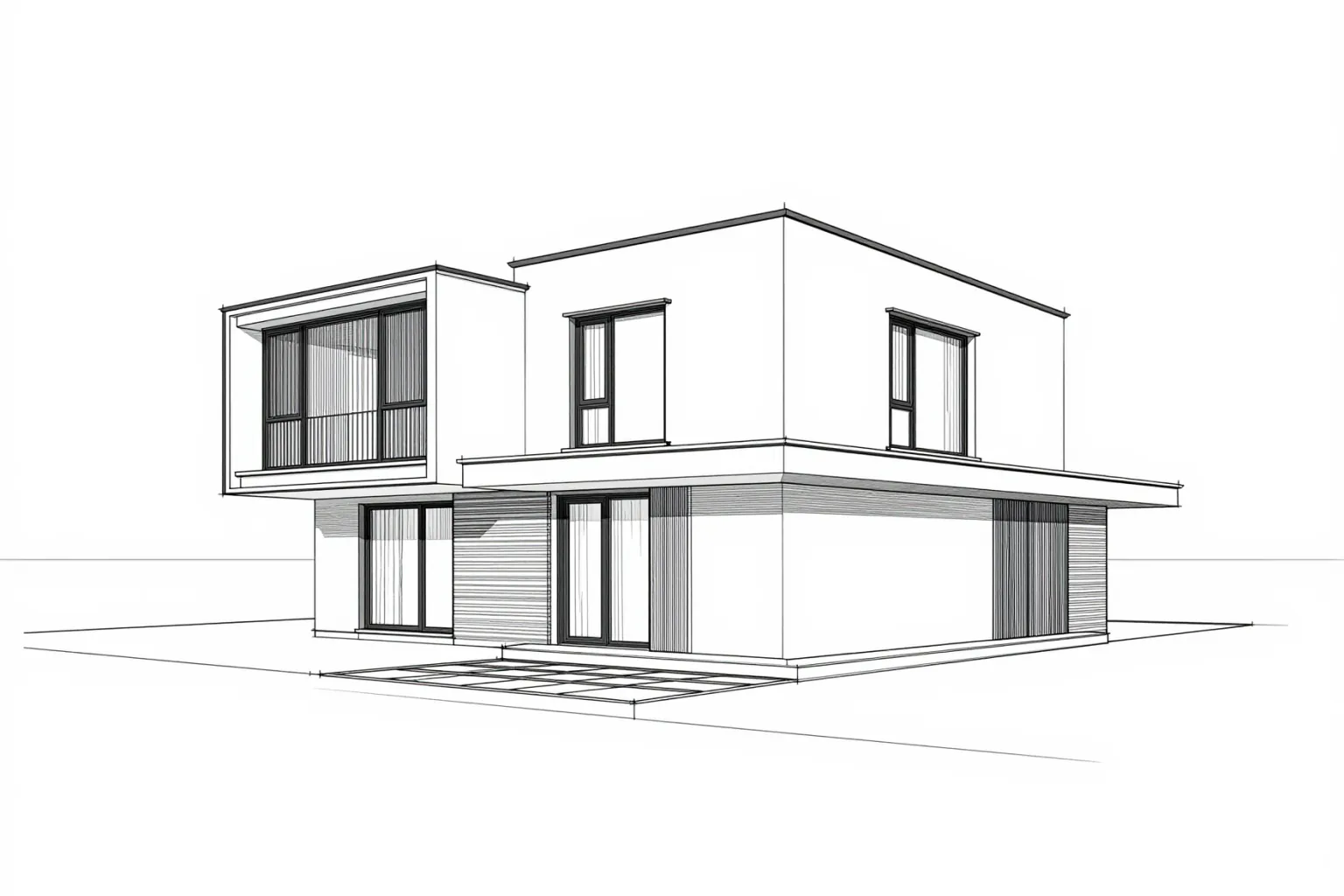 CAD line drawing export of a house elevation in perspective, black lines on white