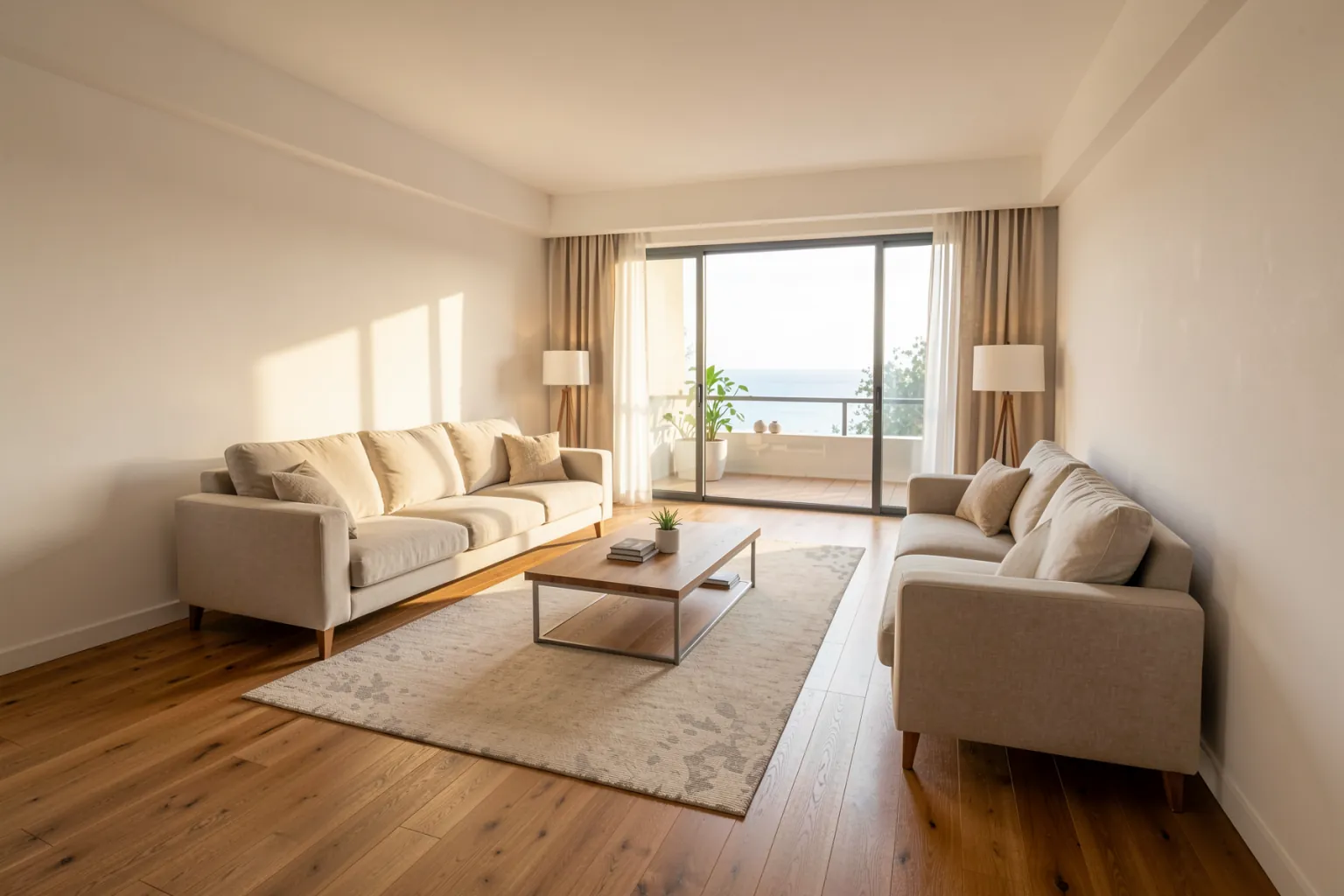 Photorealistic AI interior render of the living room created from the pencil-style sketch