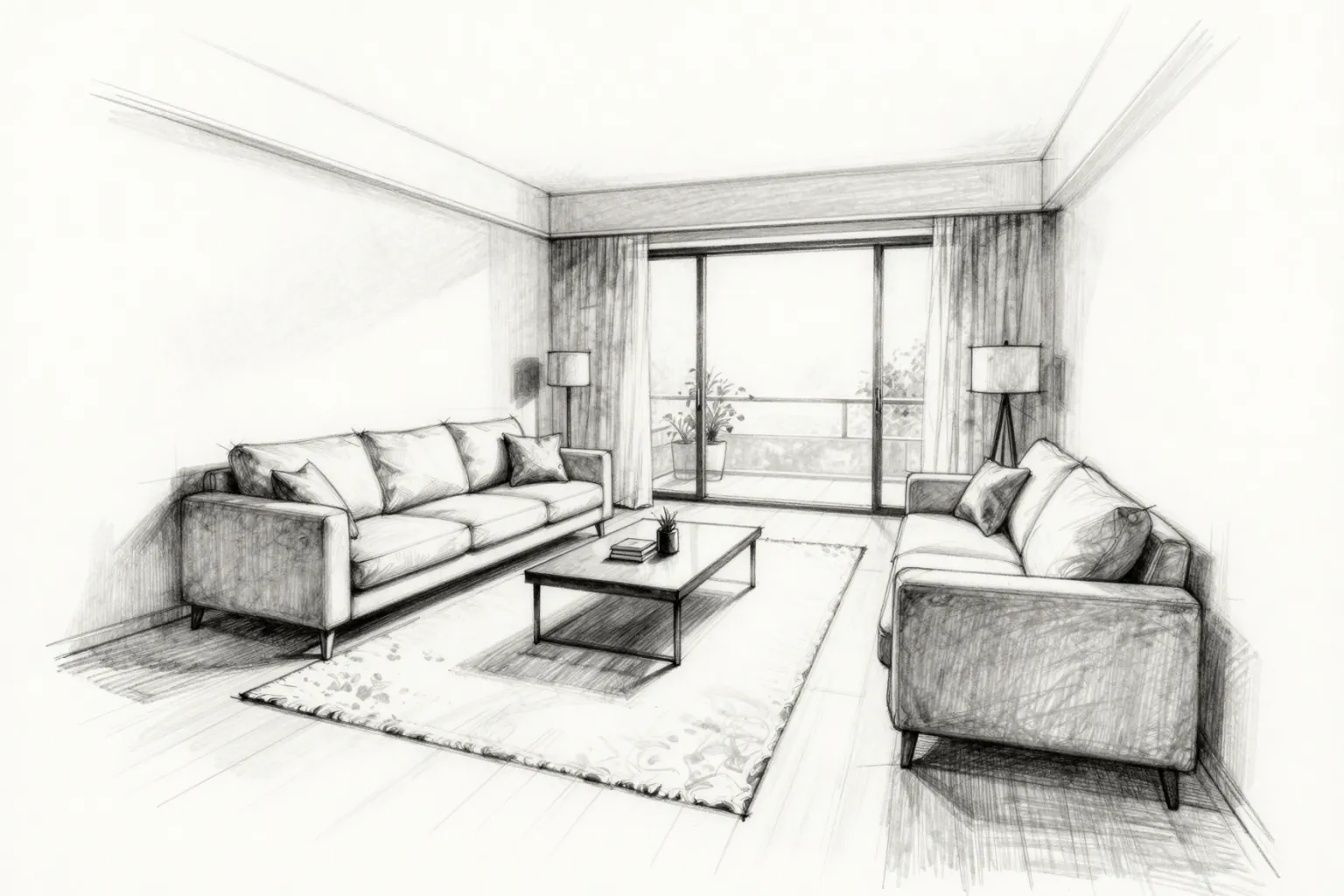 Pencil sketch of an open-plan living room interior with a sofa, coffee table and large window